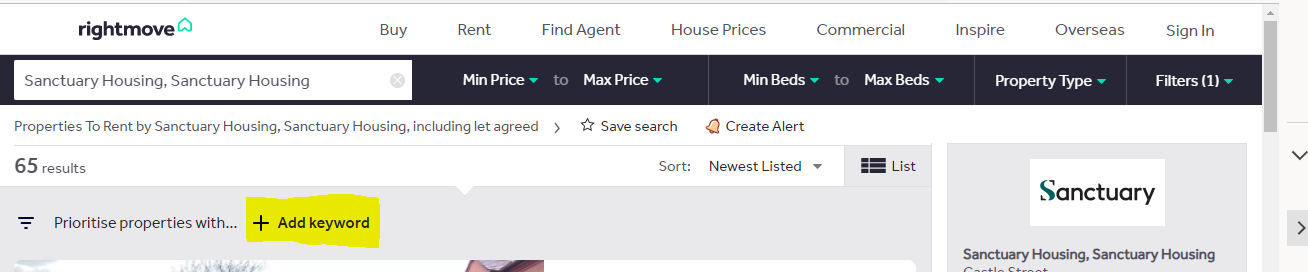 Screenshot of how to filter properties on Rightmove