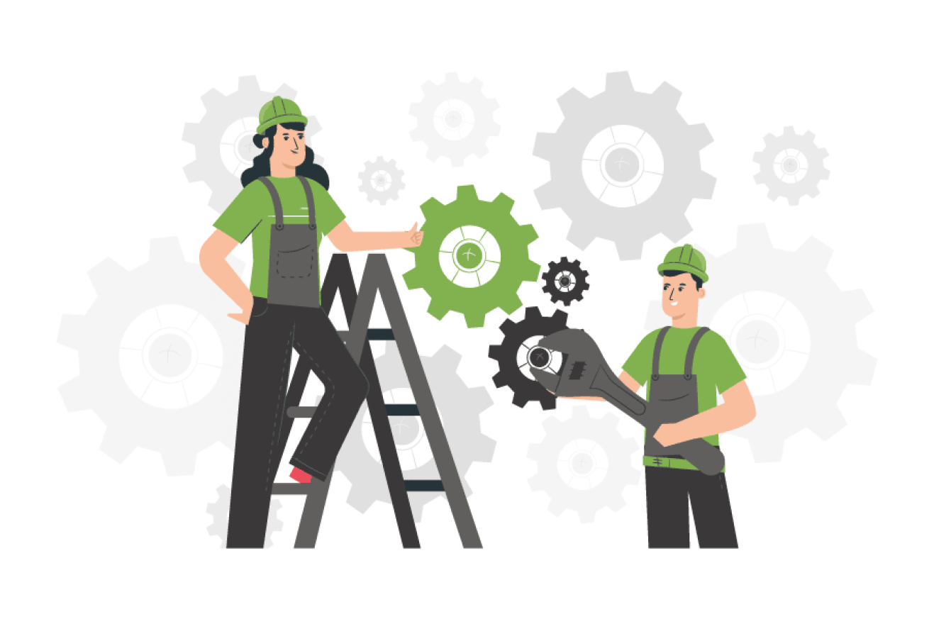 Charicature of two people standing on a ladder and fixing some gears with a large wrench